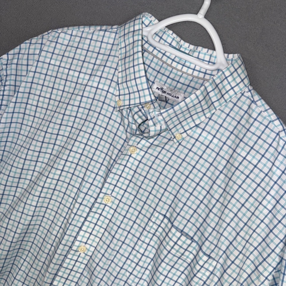 Peter Millar Shirt Mens XXL 2XL Blue Tattersall Check Stretch Performance Button